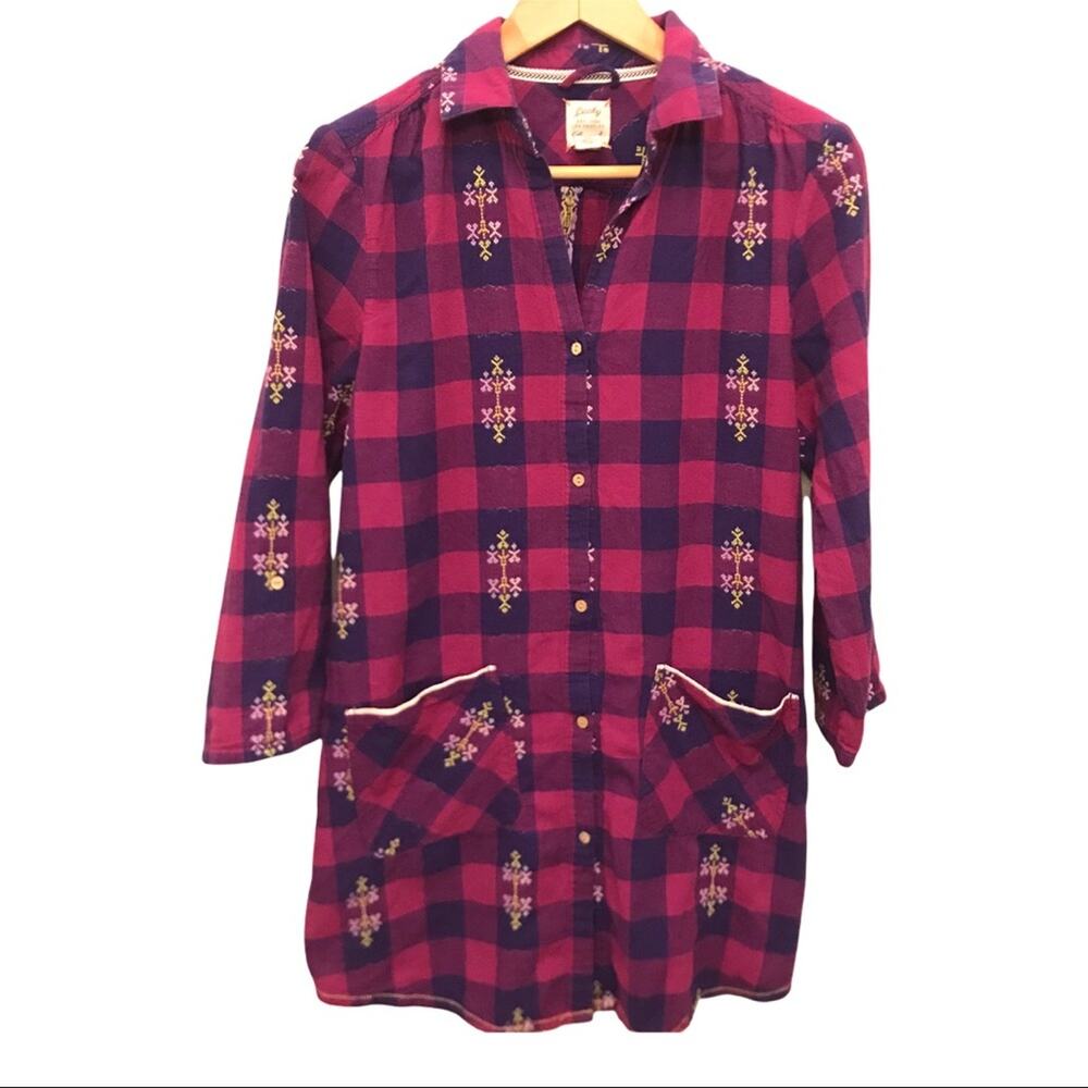 Lucky Brand Purple Pink Plaid Shirt Dress Size Medium Embroidered